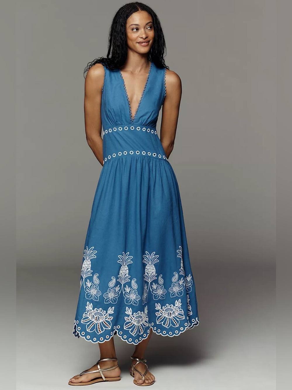 NWT Farm Rio x Anthropologie Linen Cutwork in Floral Bloom Midi Dress Size XS
